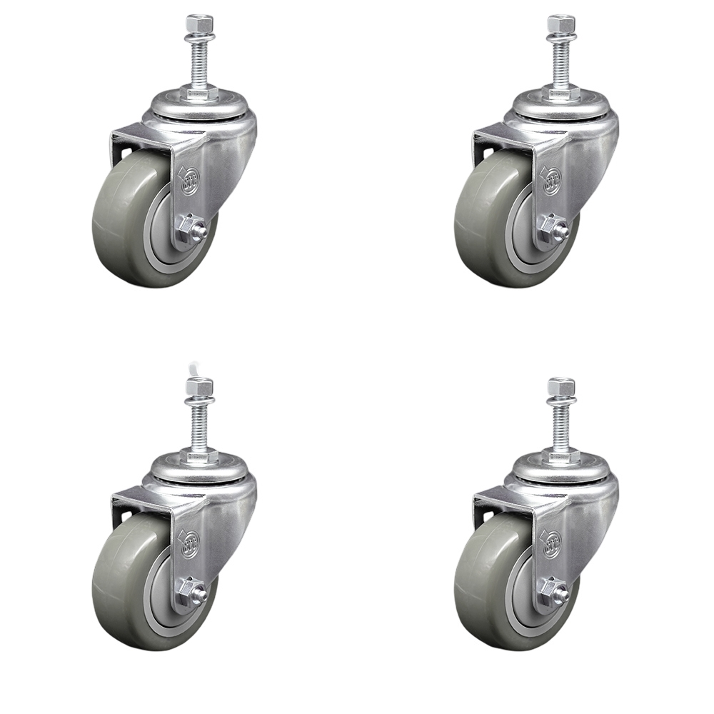 Stainless Steel Polyurethane Swivel Threaded Stem Caster Set of 4 w/3.5" x 1.25" Gray Wheels and 3/8" Stems - Includes 4 Swivel - 1200 lbs Total Capacity - Service Caster Brand — photo 1