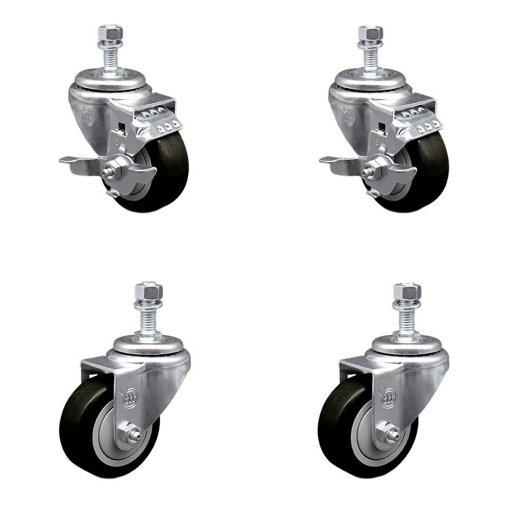 Stainless Steel Polyurethane Swivel Threaded Stem Caster Set of 4 w/3.5" x 1.25" Black Wheels and 1/2" Stems - Includes 2 with Top Locking Brake - 1200 lbs Total Capacity - Service Caster Brand — photo 1