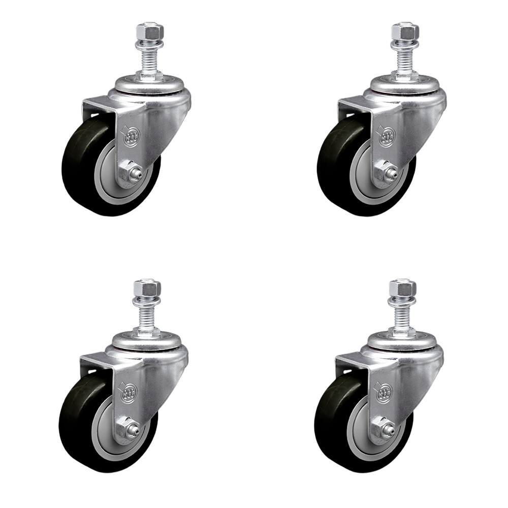Stainless Steel Polyurethane Swivel Threaded Stem Caster Set of 4 w/3.5" x 1.25" Black Wheels and 1/2" Stems - Includes 4 Swivel - 1200 lbs Total Capacity - Service Caster Brand — photo 1