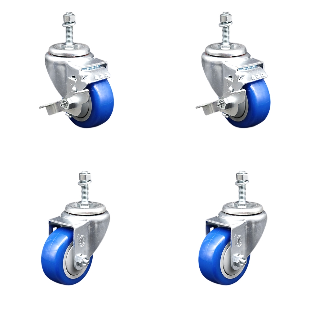 Stainless Steel Polyurethane Swivel Threaded Stem Caster Set of 4 w/3.5" x 1.25" Blue Wheels and 3/8" Stems - Includes 2 with Top Locking Brake - 1200 lbs Total Capacity - Service Caster Brand — photo 1