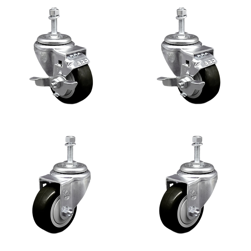 Stainless Steel Polyurethane Swivel Threaded Stem Caster Set of 4 w/3.5" x 1.25" Black Wheels and 3/8" Stems - Includes 2 with Top Locking Brake - 1200 lbs Total Capacity - Service Caster Brand — photo 1