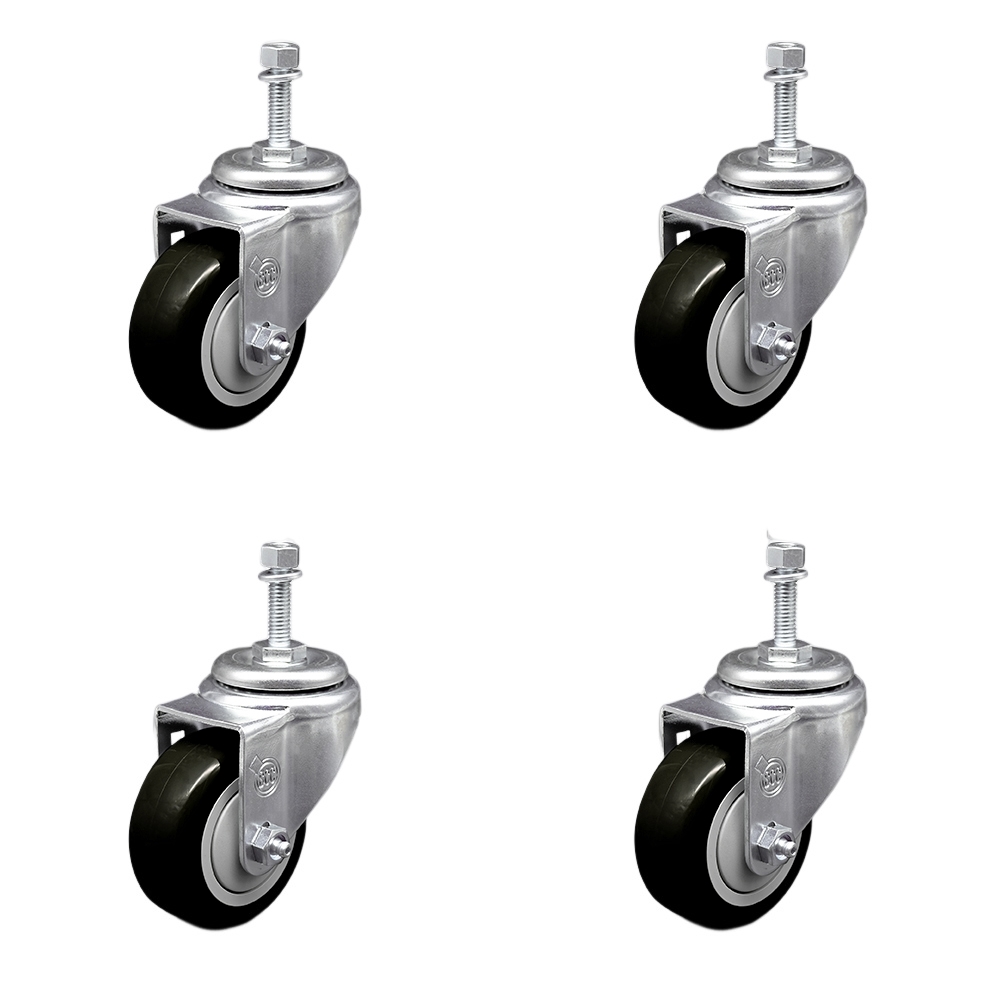 Stainless Steel Polyurethane Swivel Threaded Stem Caster Set of 4 w/3.5" x 1.25" Black Wheels and 3/8" Stems - Includes 4 Swivel - 1200 lbs Total Capacity - Service Caster Brand — photo 1
