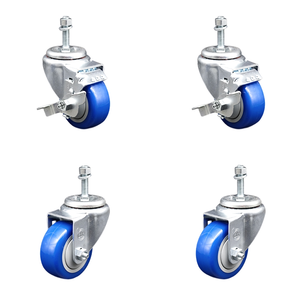 Stainless Steel Polyurethane Swivel Threaded Stem Caster Set of 4 w/3.5" x 1.25" Blue Wheels and 10mm Stems - Includes 2 with Top Locking Brake - 1200 lbs Total Capacity - Service Caster Brand — photo 1