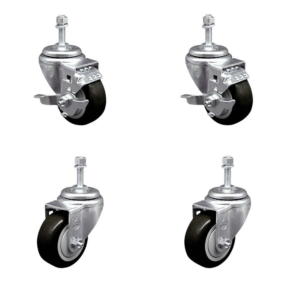 Stainless Steel Polyurethane Swivel Threaded Stem Caster Set of 4 w/3.5" x 1.25" Black Wheels and 10mm Stems - Includes 2 with Top Locking Brake - 1200 lbs Total Capacity - Service Caster Brand — photo 1