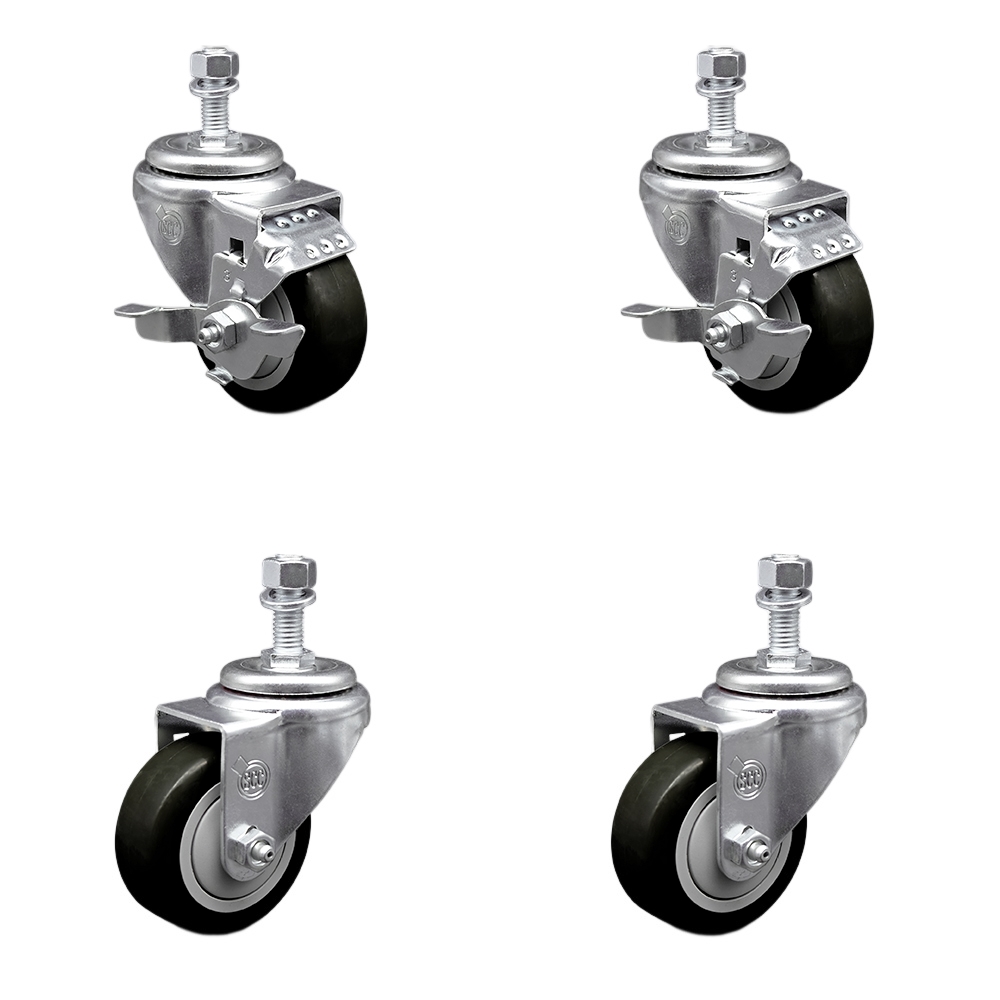 Stainless Steel Polyurethane Swivel Threaded Stem Caster Set of 4 w/3.5" x 1.25" Black Wheels and 12mm Stems - Includes 2 with Top Locking Brake - 1200 lbs Total Capacity - Service Caster Brand — photo 1