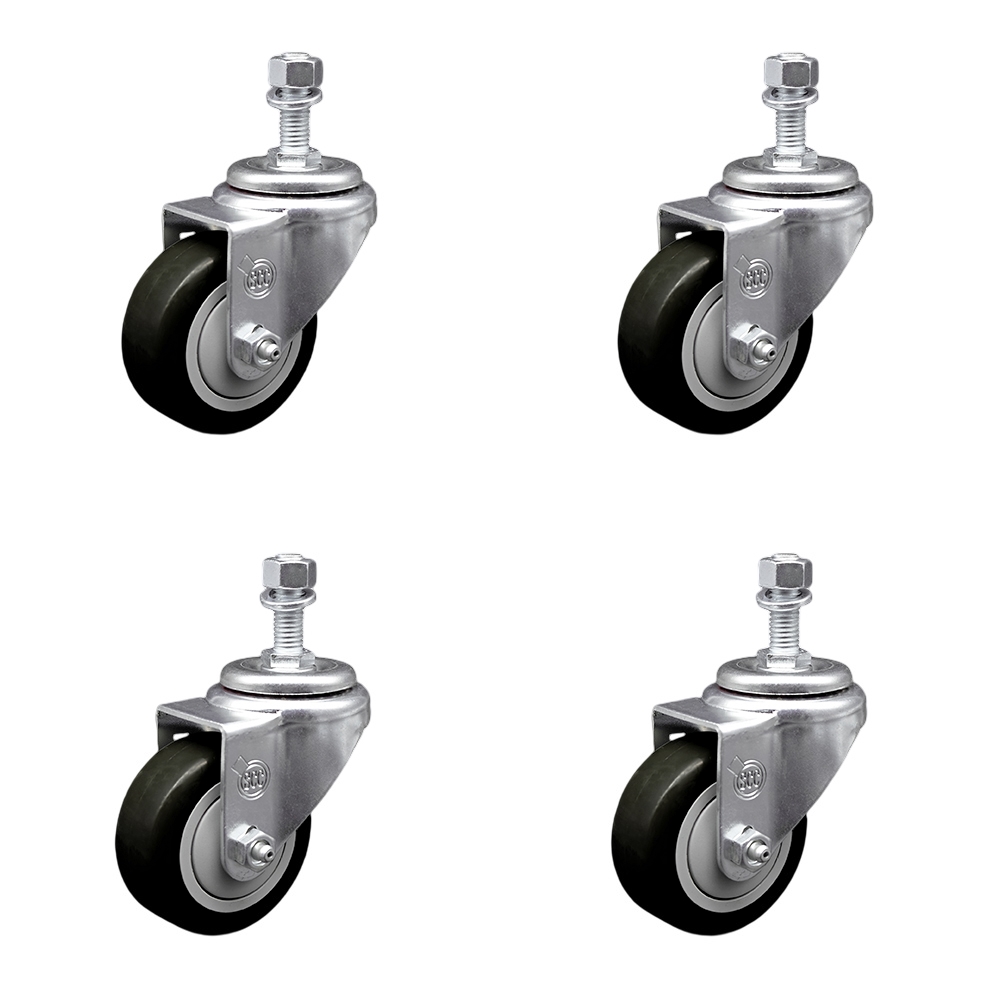 Stainless Steel Polyurethane Swivel Threaded Stem Caster Set of 4 w/3.5" x 1.25" Black Wheels and 12mm Stems - Includes 4 Swivel - 1200 lbs Total Capacity - Service Caster Brand — photo 1