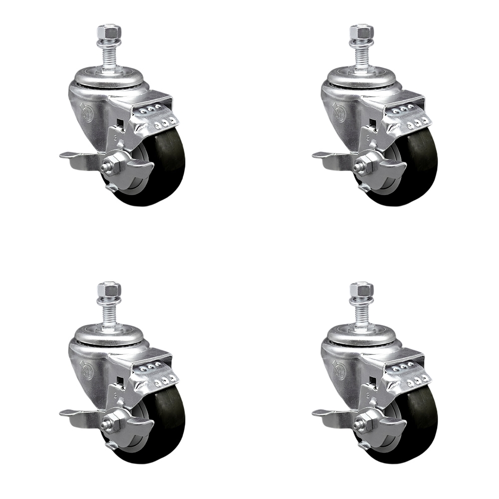 Stainless Steel Polyurethane Swivel Threaded Stem Caster Set of 4 w/3.5" x 1.25" Black Wheels and 1/2" Stems - Includes 4 with Top Lock Brakes - 1200 lbs Total Capacity - Service Caster Brand — photo 1