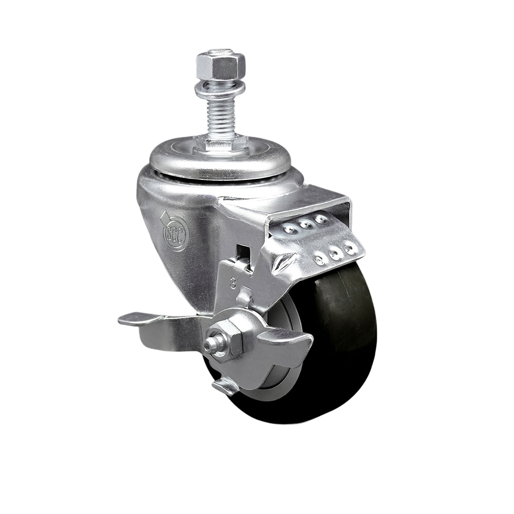 Stainless Steel Polyurethane Swivel Threaded Stem Caster w/3.5" x 1.25"  Black Wheel and 1/2" Stem & Top Locking Brake - 300 lbs Capacity/Caster - Service Caster Brand — photo 1