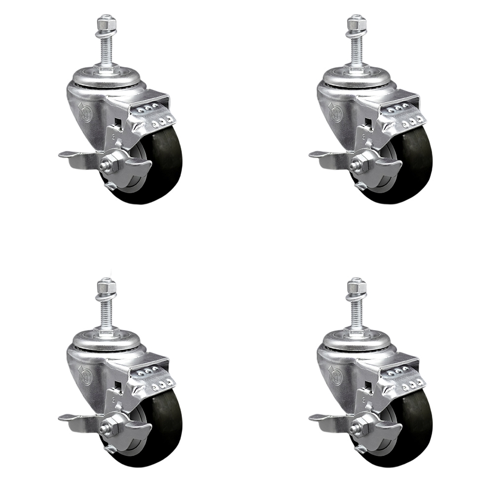 Stainless Steel Polyurethane Swivel Threaded Stem Caster Set of 4 w/3.5" x 1.25" Black Wheels and 3/8" Stems - Includes 4 with Top Lock Brakes - 1200 lbs Total Capacity - Service Caster Brand — photo 1