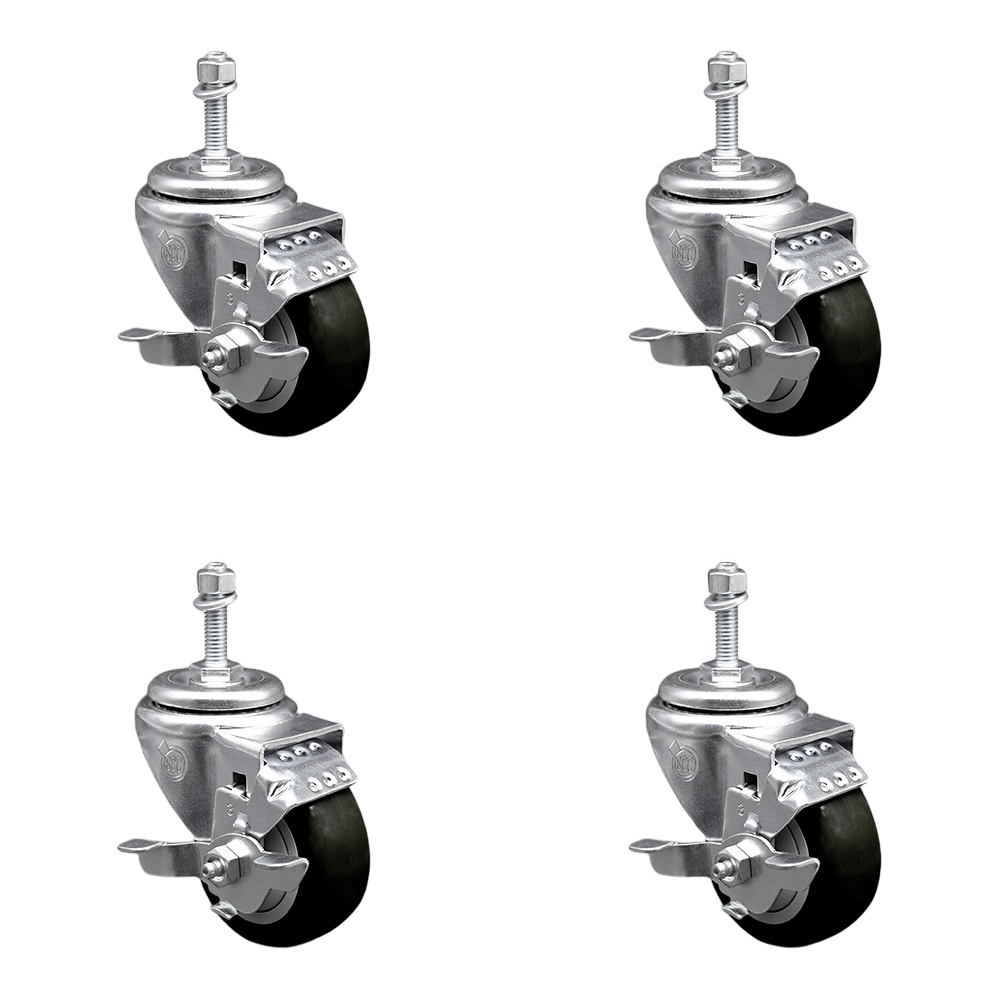 Stainless Steel Polyurethane Swivel Threaded Stem Caster Set of 4 w/3.5" x 1.25" Black Wheels and 10mm Stems - Includes 4 with Top Lock Brakes - 1200 lbs Total Capacity - Service Caster Brand — photo 1