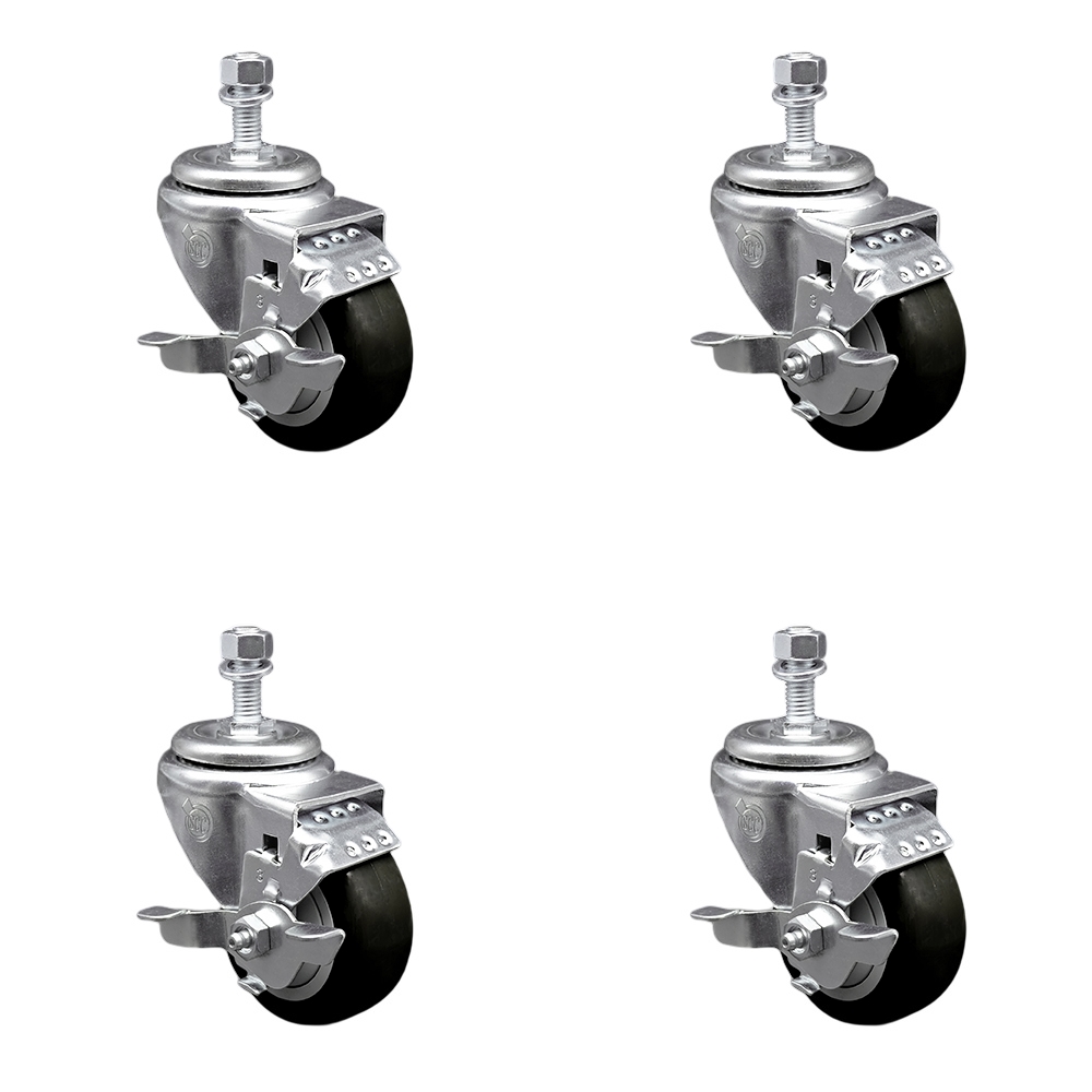 Stainless Steel Polyurethane Swivel Threaded Stem Caster Set of 4 w/3.5" x 1.25" Black Wheels and 12mm Stems - Includes 4 with Top Lock Brakes - 1200 lbs Total Capacity - Service Caster Brand — photo 1
