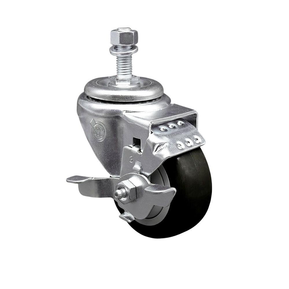 Stainless Steel Polyurethane Swivel Threaded Stem Caster w/3.5" x 1.25"  Black Wheel and 12mm Stem & Top Locking Brake - 300 lbs Capacity/Caster - Service Caster Brand — photo 1