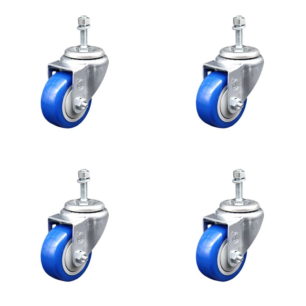 Stainless Steel Polyurethane Swivel Threaded Stem Caster Set of 4 w/3.5" x 1.25" Blue Wheels and 3/8" Stems - Includes 4 Swivel - 1200 lbs Total Capacity - Service Caster Brand — photo 1