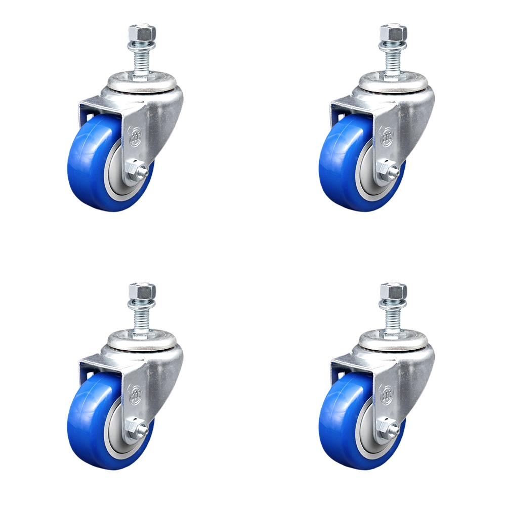 Stainless Steel Polyurethane Swivel Threaded Stem Caster Set of 4 w/3.5" x 1.25" Blue Wheels and 12mm Stems - Includes 4 Swivel - 1200 lbs Total Capacity - Service Caster Brand — photo 1