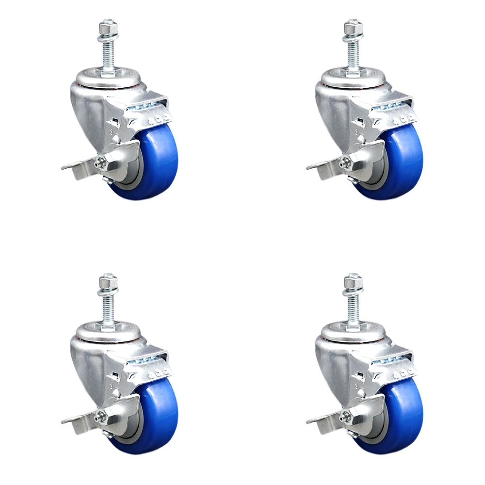 Stainless Steel Polyurethane Swivel Threaded Stem Caster Set of 4 w/3.5" x 1.25" Blue Wheels and 3/8" Stems - Includes 4 with Top Lock Brakes - 1200 lbs Total Capacity - Service Caster Brand — photo 1