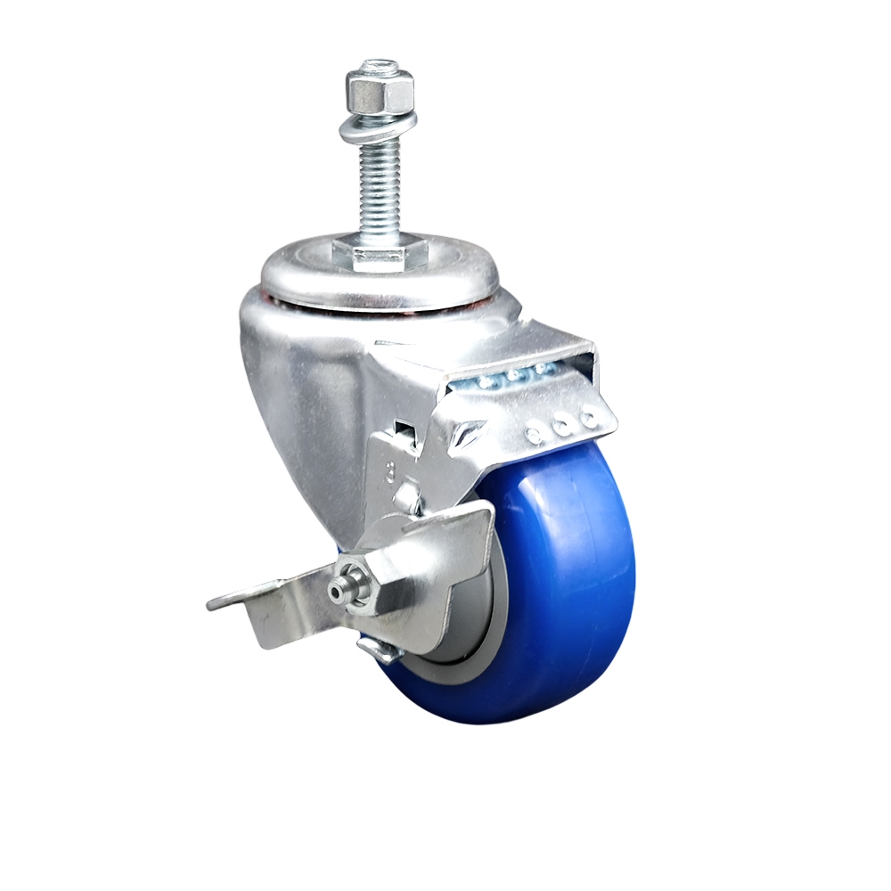 Stainless Steel Polyurethane Swivel Threaded Stem Caster w/3.5" x 1.25"  Blue Wheel and 3/8" Stem & Top Locking Brake - 300 lbs Capacity/Caster - Service Caster Brand — photo 1