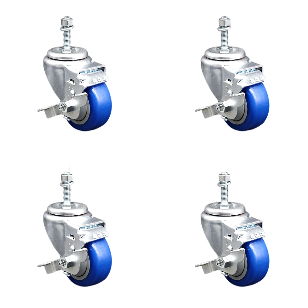 Stainless Steel Polyurethane Swivel Threaded Stem Caster Set of 4 w/3.5" x 1.25" Blue Wheels and 10mm Stems - Includes 4 with Top Lock Brakes - 1200 lbs Total Capacity - Service Caster Brand — photo 1