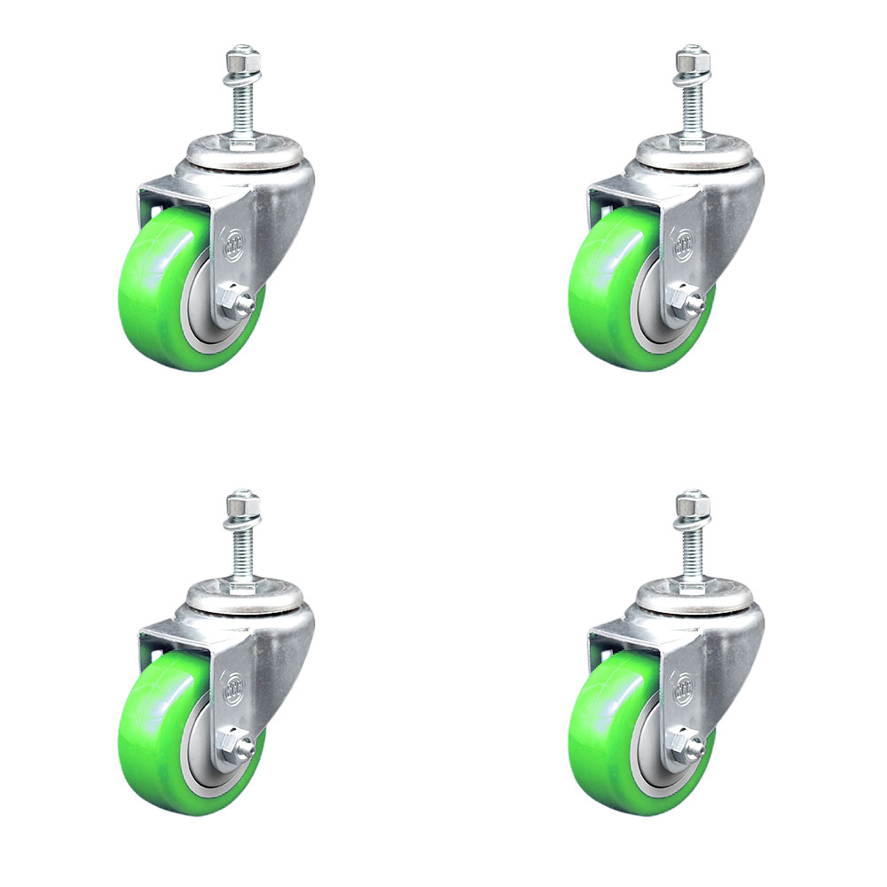 Stainless Steel Polyurethane Swivel Threaded Stem Caster Set of 4 w/3.5" x 1.25" Green Wheels and 3/8" Stems - Includes 4 Swivel - 1200 lbs Total Capacity - Service Caster Brand — photo 1