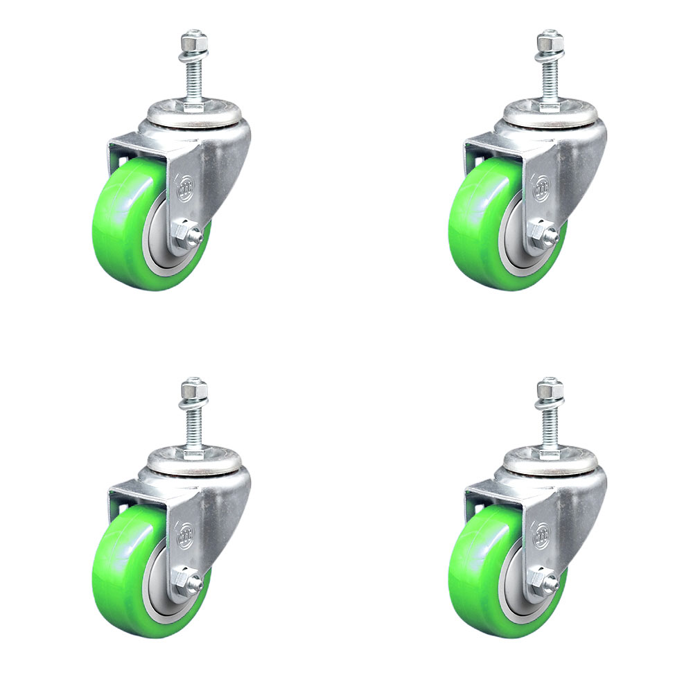 Stainless Steel Polyurethane Swivel Threaded Stem Caster Set of 4 w/3.5" x 1.25" Green Wheels and 10mm Stems - Includes 4 Swivel - 1200 lbs Total Capacity - Service Caster Brand — photo 1