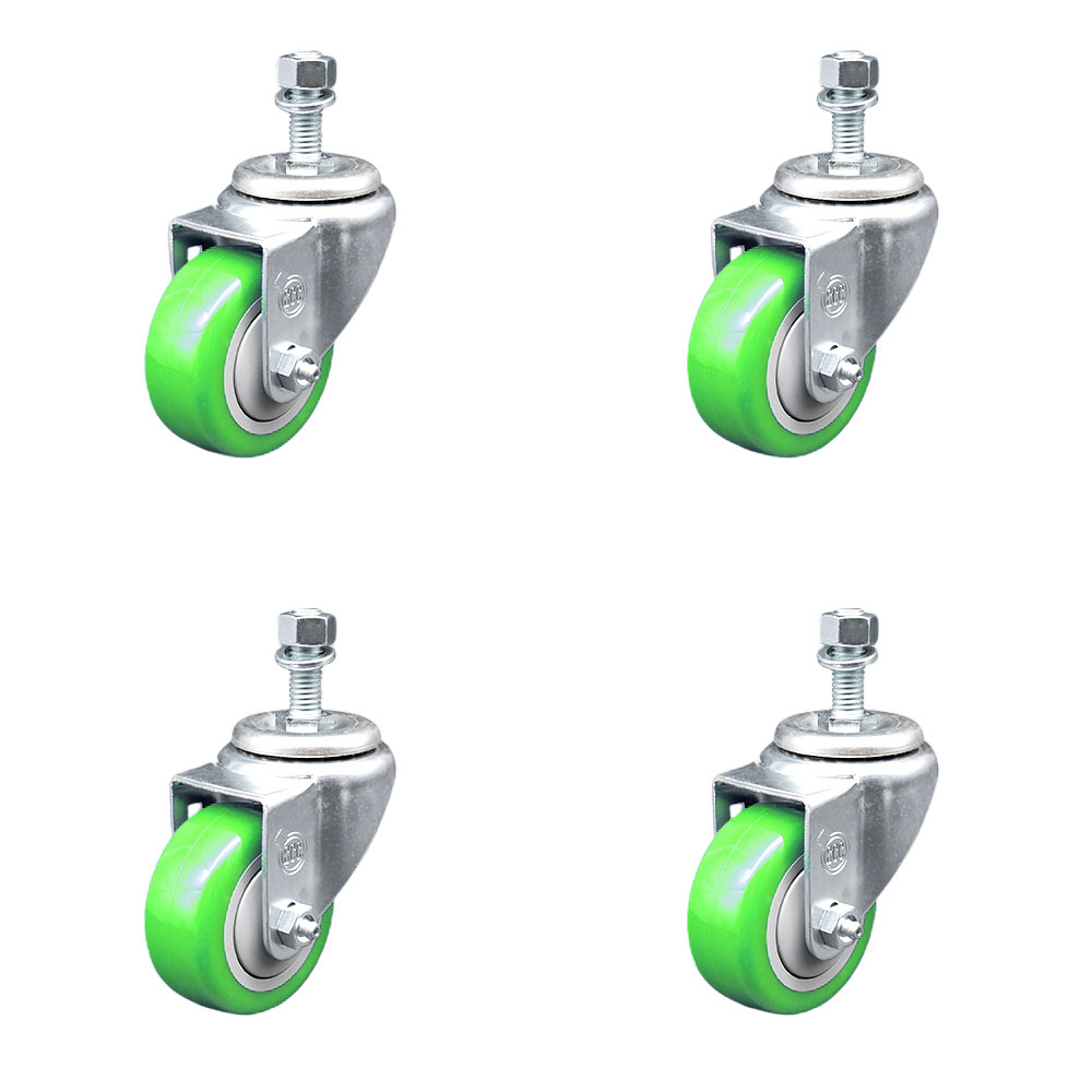 Stainless Steel Polyurethane Swivel Threaded Stem Caster Set of 4 w/3.5" x 1.25" Green Wheels and 12mm Stems - Includes 4 Swivel - 1200 lbs Total Capacity - Service Caster Brand — photo 1
