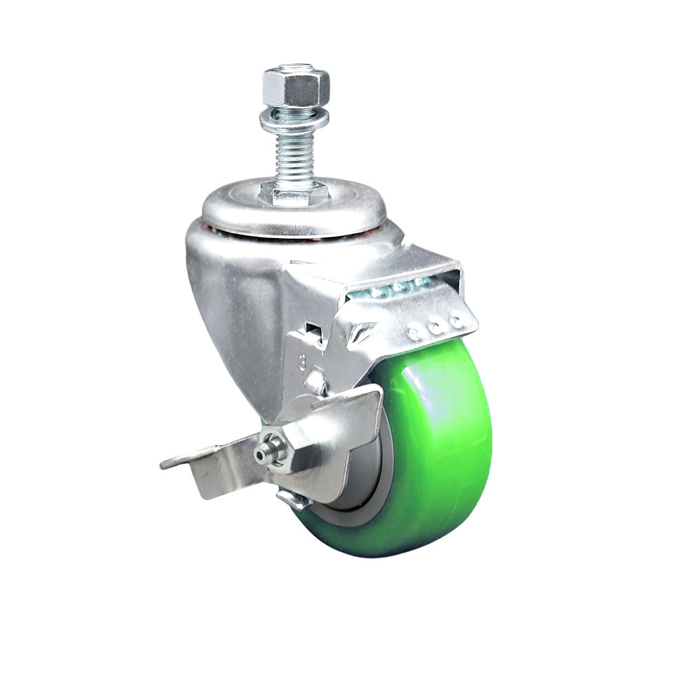 Stainless Steel Polyurethane Swivel Threaded Stem Caster w/3.5" x 1.25"  Green Wheel and 1/2" Stem & Top Locking Brake - 300 lbs Capacity/Caster - Service Caster Brand — photo 1
