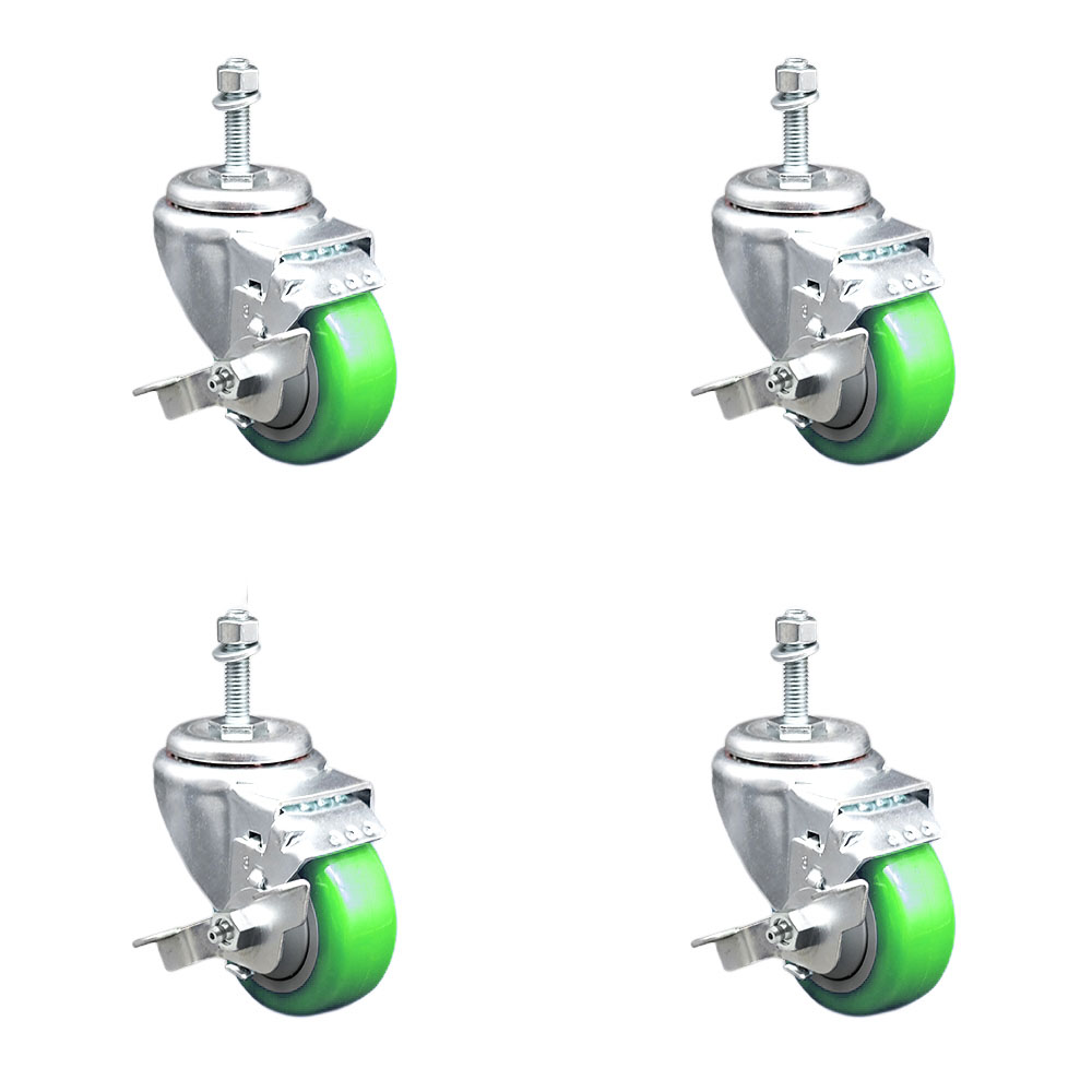 Stainless Steel Polyurethane Swivel Threaded Stem Caster Set of 4 w/3.5" x 1.25" Green Wheels and 10mm Stems - Includes 4 with Top Lock Brakes - 1200 lbs Total Capacity - Service Caster Brand — photo 1