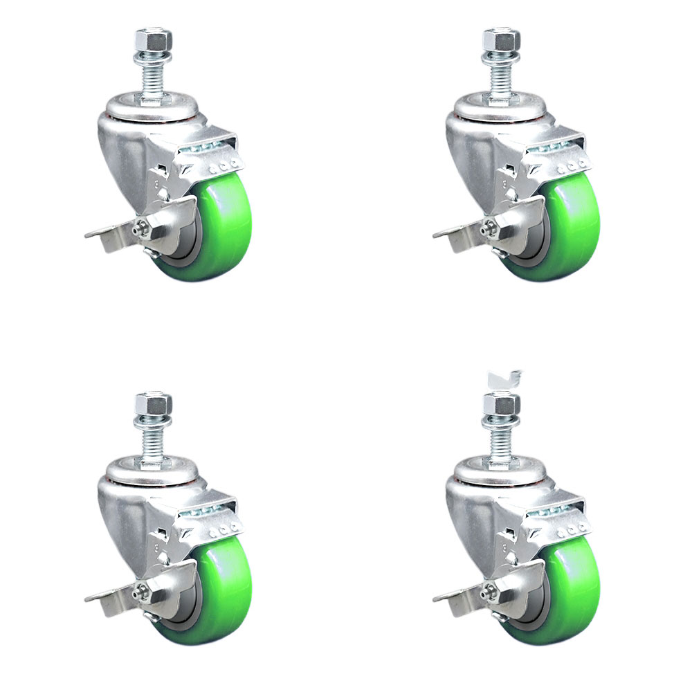Stainless Steel Polyurethane Swivel Threaded Stem Caster Set of 4 w/3.5" x 1.25" Green Wheels and 12mm Stems - Includes 4 with Top Lock Brakes - 1200 lbs Total Capacity - Service Caster Brand — photo 1