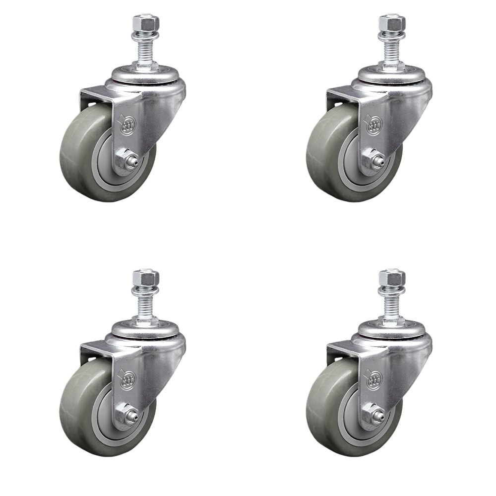 Stainless Steel Polyurethane Swivel Threaded Stem Caster Set of 4 w/3.5" x 1.25" Gray Wheels and 12mm Stems - Includes 4 Swivel - 1200 lbs Total Capacity - Service Caster Brand — photo 1