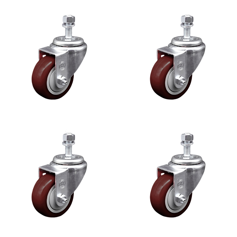 Stainless Steel Polyurethane Swivel Threaded Stem Caster Set of 4 w/3.5" x 1.25" Maroon Wheels and 1/2" Stems - Includes 4 Swivel - 1200 lbs Total Capacity - Service Caster Brand — photo 1