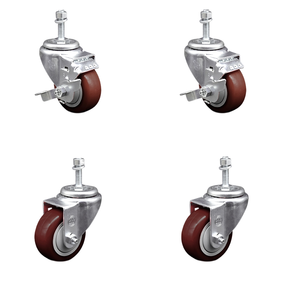 Stainless Steel Polyurethane Swivel Threaded Stem Caster Set of 4 w/3.5" x 1.25" Maroon Wheels and 3/8" Stems - Includes 2 with Top Locking Brake - 1200 lbs Total Capacity - Service Caster Brand — photo 1