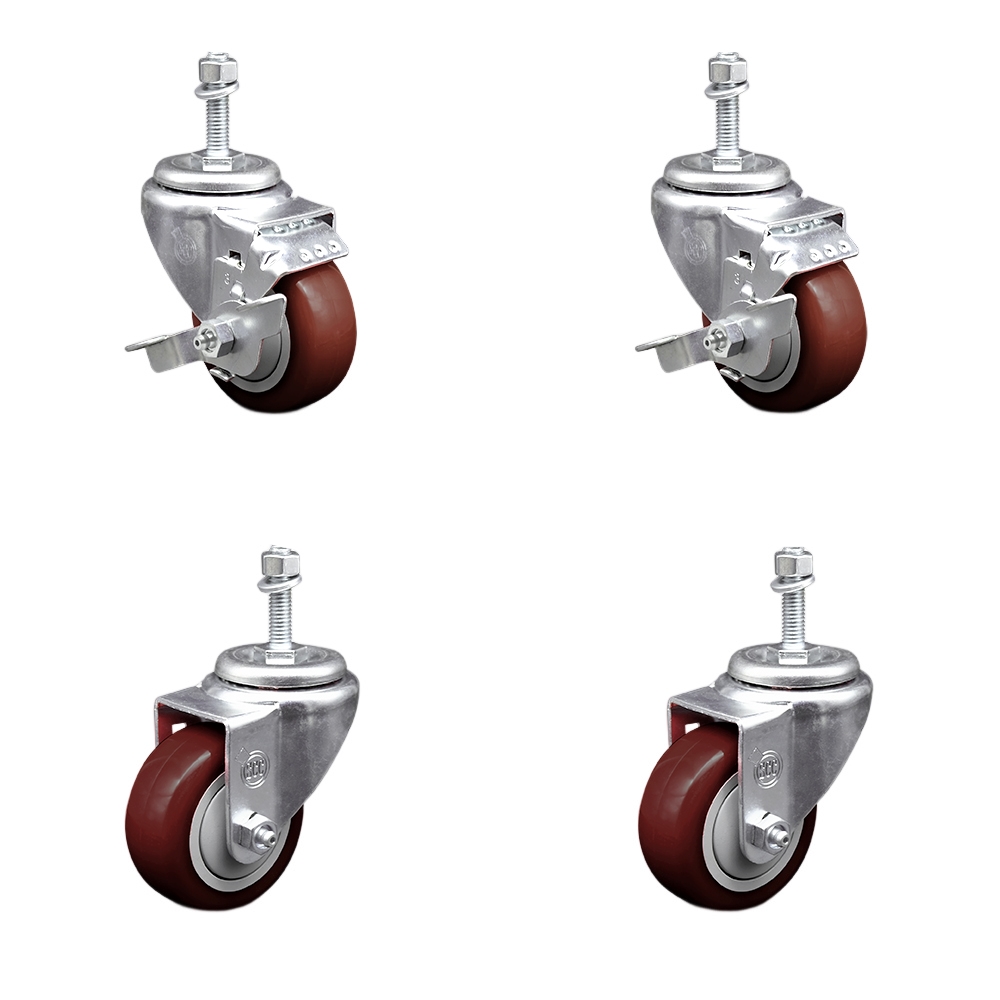 Stainless Steel Polyurethane Swivel Threaded Stem Caster Set of 4 w/3.5" x 1.25" Maroon Wheels and 10mm Stems - Includes 2 with Top Locking Brake - 1200 lbs Total Capacity - Service Caster Brand — photo 1