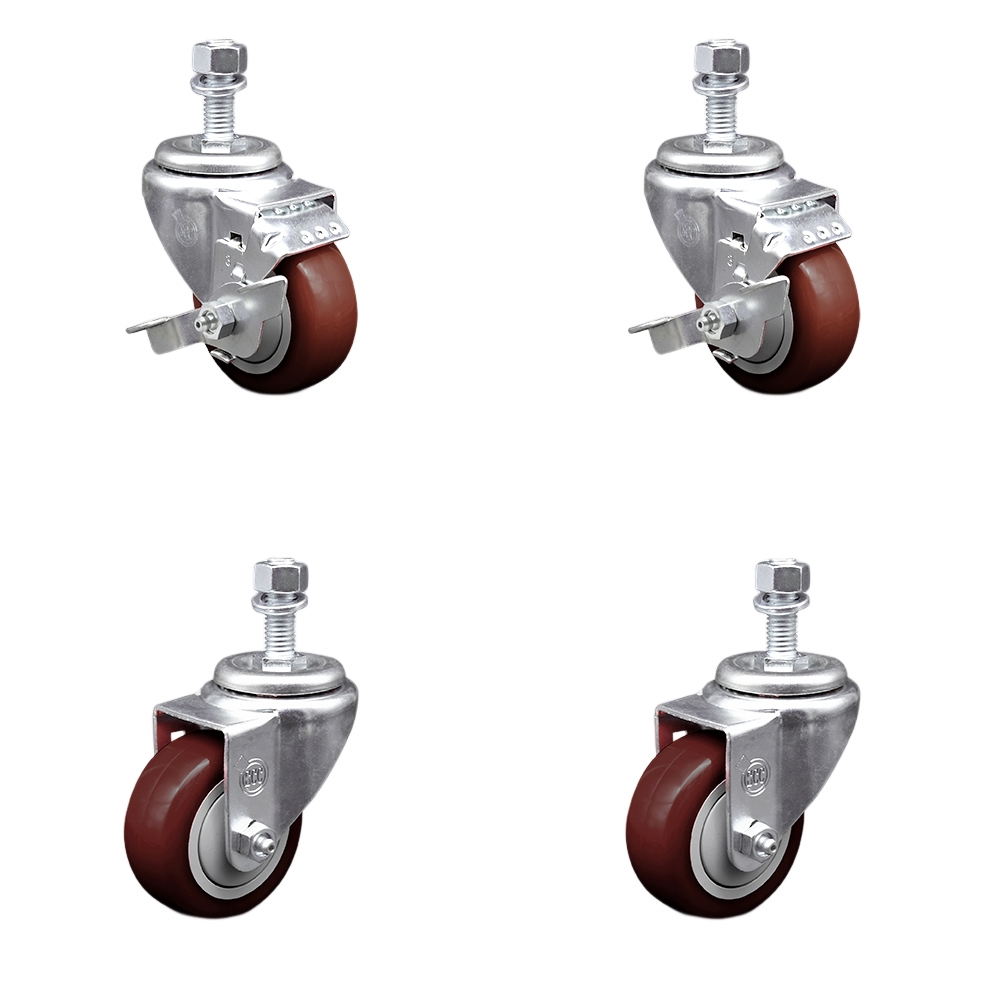 Stainless Steel Polyurethane Swivel Threaded Stem Caster Set of 4 w/3.5" x 1.25" Maroon Wheels and 12mm Stems - Includes 2 with Top Locking Brake - 1200 lbs Total Capacity - Service Caster Brand — photo 1