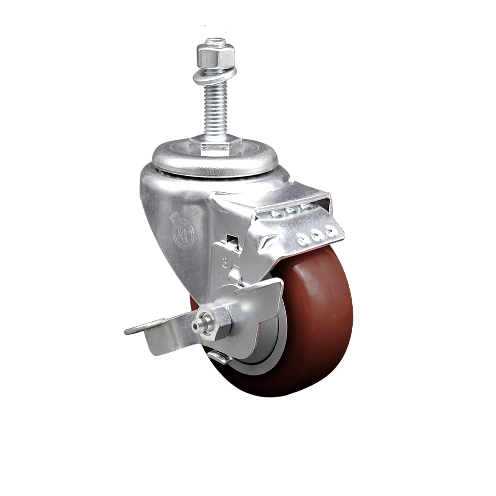 Stainless Steel Polyurethane Swivel Threaded Stem Caster w/3.5" x 1.25"  Maroon Wheel and 10mm Stem & Top Locking Brake - 300 lbs Capacity/Caster - Service Caster Brand — photo 1