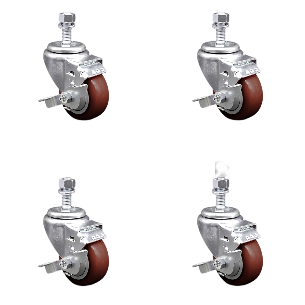 Stainless Steel Polyurethane Swivel Threaded Stem Caster Set of 4 w/3.5" x 1.25" Maroon Wheels and 12mm Stems - Includes 4 with Top Lock Brakes - 1200 lbs Total Capacity - Service Caster Brand — photo 1