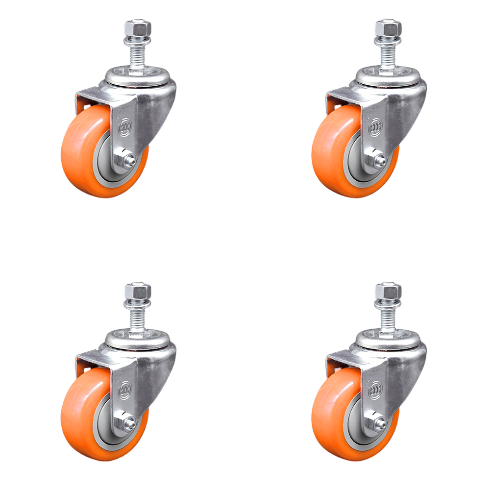 Stainless Steel Polyurethane Swivel Threaded Stem Caster Set of 4 w/3.5" x 1.25" Orange Wheels and 12mm Stems - Includes 4 Swivel - 1200 lbs Total Capacity - Service Caster Brand — photo 1
