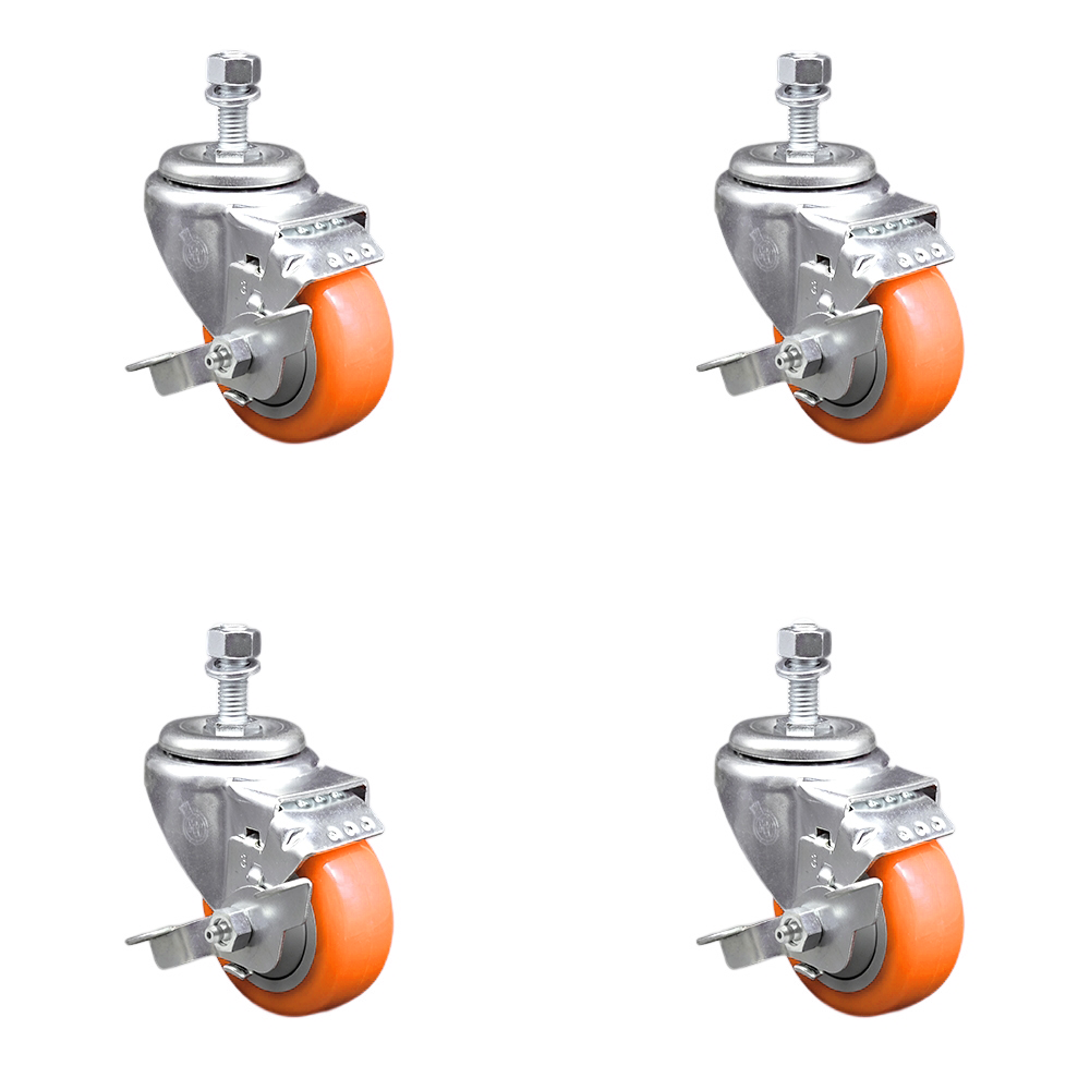 Stainless Steel Polyurethane Swivel Threaded Stem Caster Set of 4 w/3.5" x 1.25" Orange Wheels and 1/2" Stems - Includes 4 with Top Lock Brakes - 1200 lbs Total Capacity - Service Caster Brand — photo 1