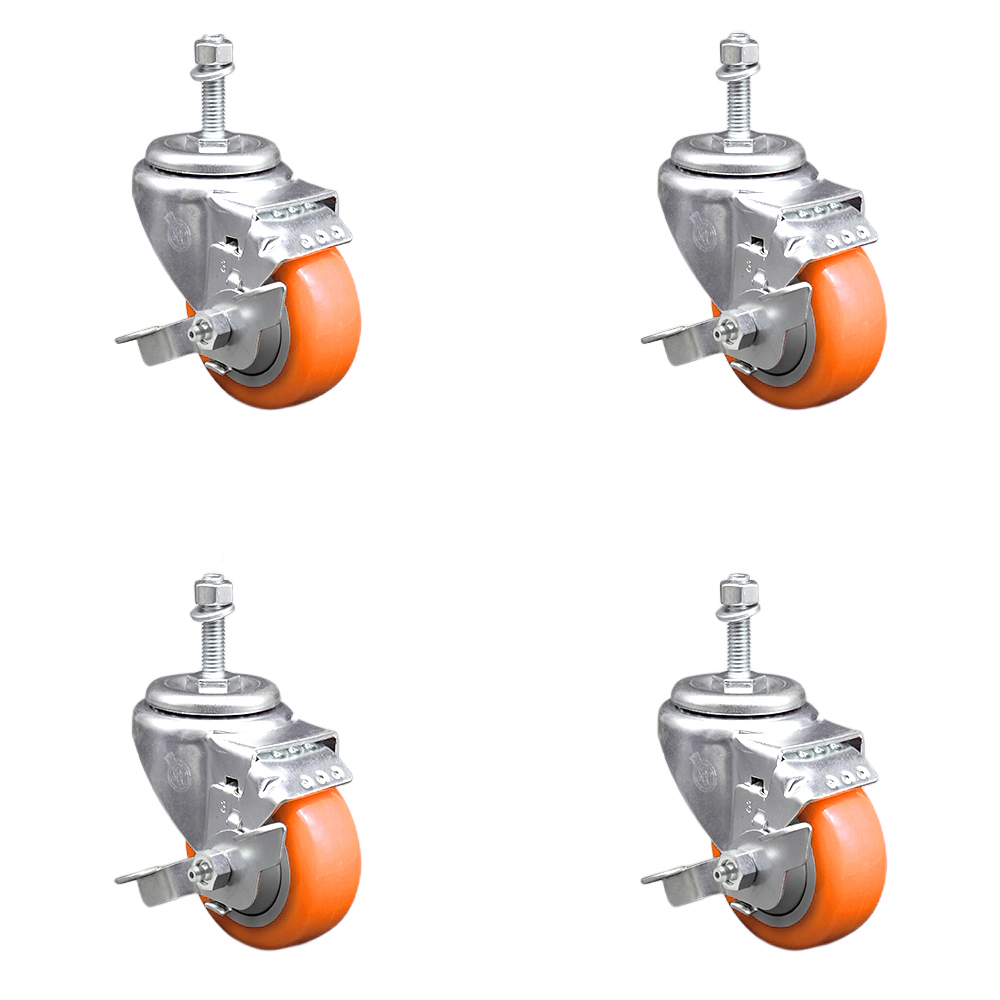 Stainless Steel Polyurethane Swivel Threaded Stem Caster Set of 4 w/3.5" x 1.25" Orange Wheels and 3/8" Stems - Includes 4 with Top Lock Brakes - 1200 lbs Total Capacity - Service Caster Brand — photo 1