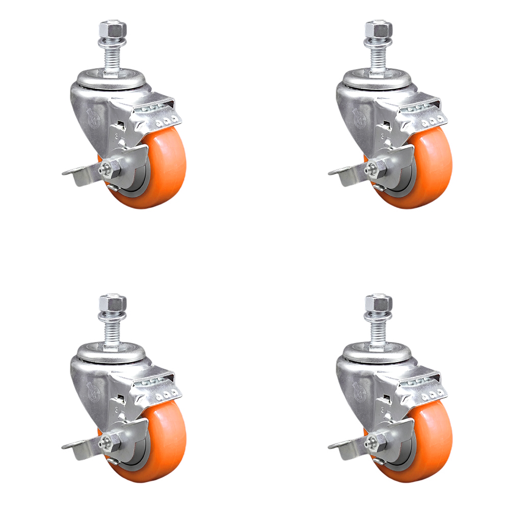 Stainless Steel Polyurethane Swivel Threaded Stem Caster Set of 4 w/3.5" x 1.25" Orange Wheels and 12mm Stems - Includes 4 with Top Lock Brakes - 1200 lbs Total Capacity - Service Caster Brand — photo 1