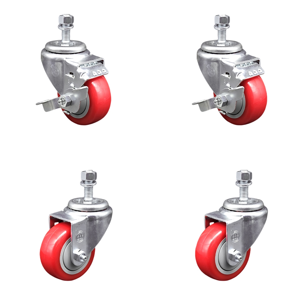 Stainless Steel Polyurethane Swivel Threaded Stem Caster Set of 4 w/3.5" x 1.25" Red Wheels and 1/2" Stems - Includes 2 with Top Locking Brake - 1200 lbs Total Capacity - Service Caster Brand — photo 1