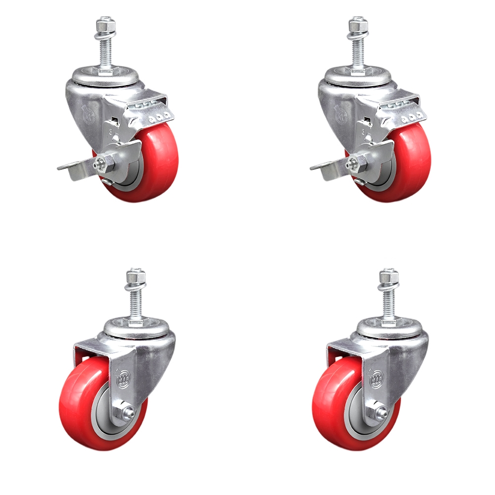 Stainless Steel Polyurethane Swivel Threaded Stem Caster Set of 4 w/3.5" x 1.25" Red Wheels and 3/8" Stems - Includes 2 with Top Locking Brake - 1200 lbs Total Capacity - Service Caster Brand — photo 1