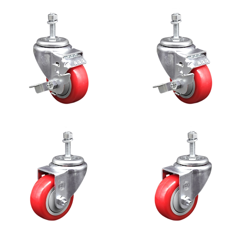 Stainless Steel Polyurethane Swivel Threaded Stem Caster Set of 4 w/3.5" x 1.25" Red Wheels and 10mm Stems - Includes 2 with Top Locking Brake - 1200 lbs Total Capacity - Service Caster Brand — photo 1