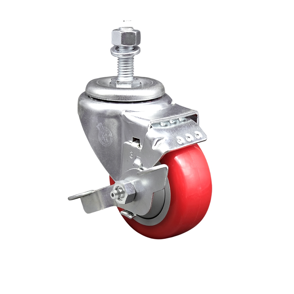 Stainless Steel Polyurethane Swivel Threaded Stem Caster w/3.5" x 1.25"  Red Wheel and 1/2" Stem & Top Locking Brake - 300 lbs Capacity/Caster - Service Caster Brand — photo 1