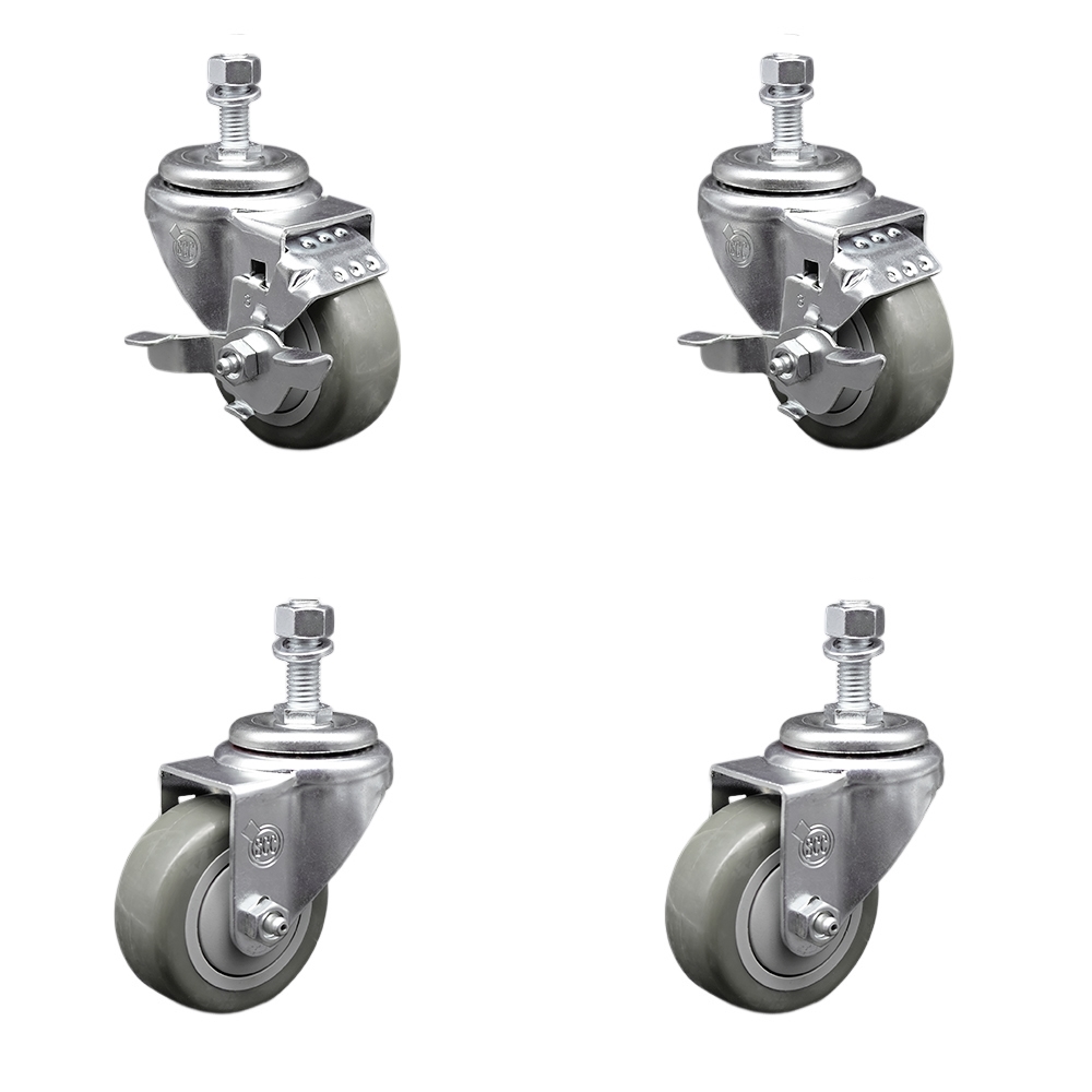 Stainless Steel Polyurethane Swivel Threaded Stem Caster Set of 4 w/3.5" x 1.25" Orange Wheels and 1/2" Stems - Includes 2 with Top Locking Brake - 1200 lbs Total Capacity - Service Caster Brand — photo 1