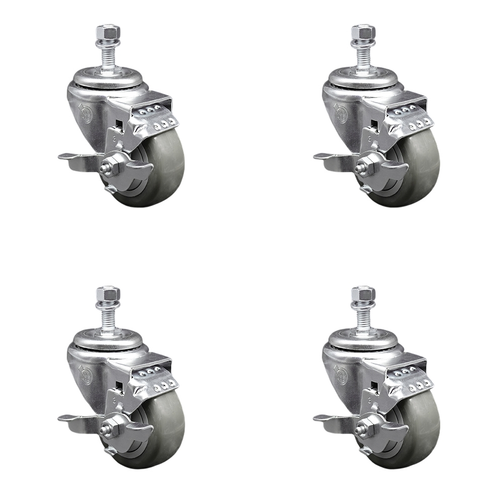 Stainless Steel Polyurethane Swivel Threaded Stem Caster Set of 4 w/3.5" x 1.25" Gray Wheels and 1/2" Stems - Includes 4 with Top Lock Brakes - 1200 lbs Total Capacity - Service Caster Brand — photo 1