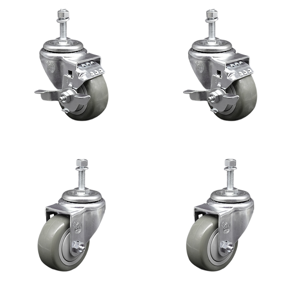 Stainless Steel Polyurethane Swivel Threaded Stem Caster Set of 4 w/3.5" x 1.25" Orange Wheels and 3/8" Stems - Includes 2 with Top Locking Brake - 1200 lbs Total Capacity - Service Caster Brand — photo 1