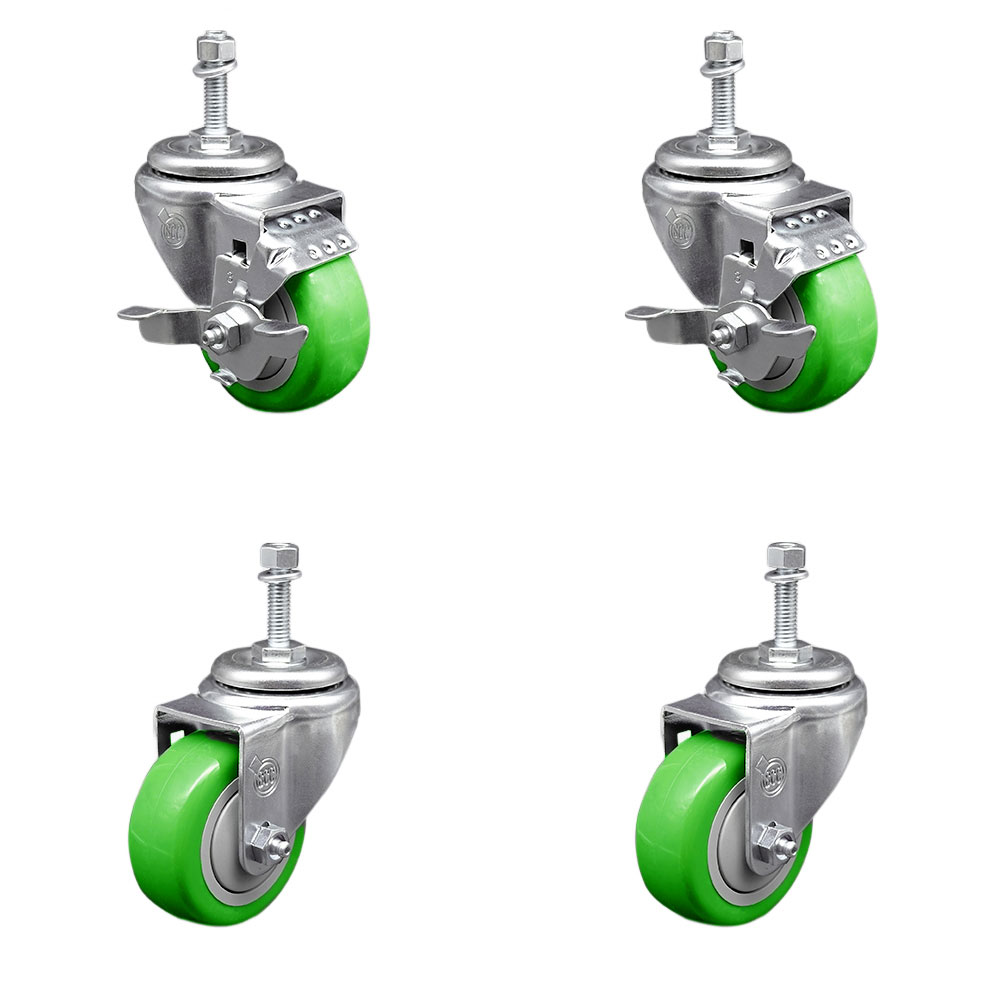 Stainless Steel Polyurethane Swivel Threaded Stem Caster Set of 4 w/3.5" x 1.25" Green Wheels and 3/8" Stems - Includes 2 with Top Locking Brake - 1200 lbs Total Capacity - Service Caster Brand — photo 1