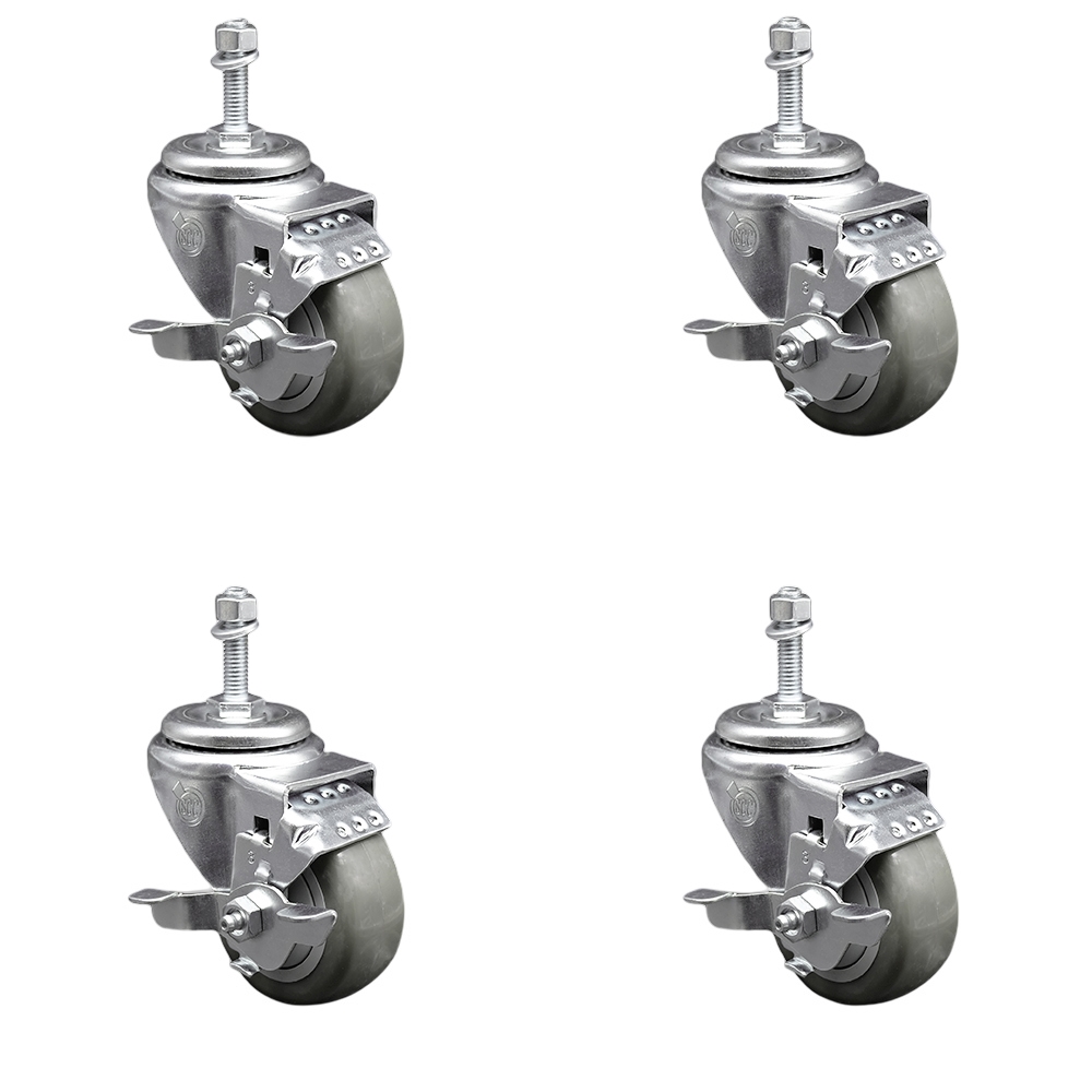 Stainless Steel Polyurethane Swivel Threaded Stem Caster Set of 4 w/3.5" x 1.25" Gray Wheels and 3/8" Stems - Includes 4 with Top Lock Brakes - 1200 lbs Total Capacity - Service Caster Brand — photo 1