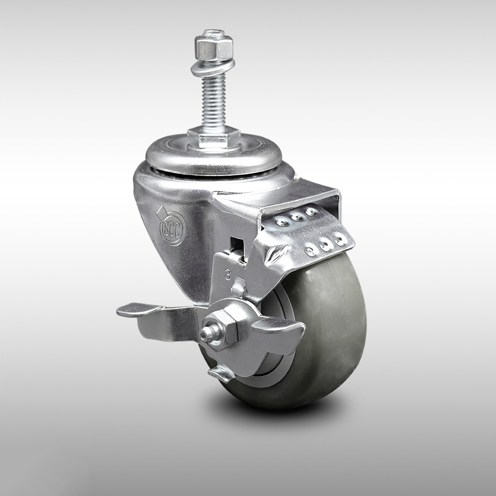 Stainless Steel Polyurethane Swivel Threaded Stem Caster w/3.5" x 1.25"  Gray Wheel and 3/8" Stem & Top Locking Brake - 300 lbs Capacity/Caster - Service Caster Brand — photo 1