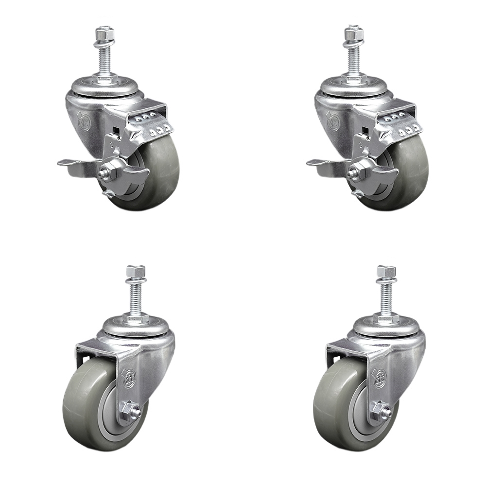 Stainless Steel Polyurethane Swivel Threaded Stem Caster Set of 4 w/3.5" x 1.25" Gray Wheels and 10mm Stems - Includes 2 with Top Locking Brake - 1200 lbs Total Capacity - Service Caster Brand — photo 1