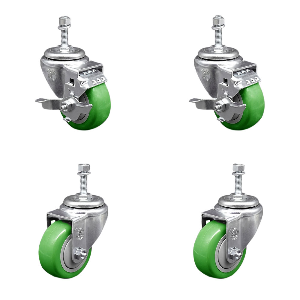 Stainless Steel Polyurethane Swivel Threaded Stem Caster Set of 4 w/3.5" x 1.25" Green Wheels and 10mm Stems - Includes 2 with Top Locking Brake - 1200 lbs Total Capacity - Service Caster Brand — photo 1